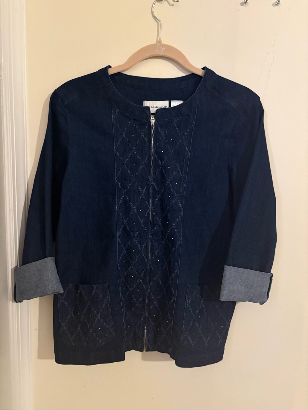 Alfred Dunner Navy Quilted Front Zip Jacket